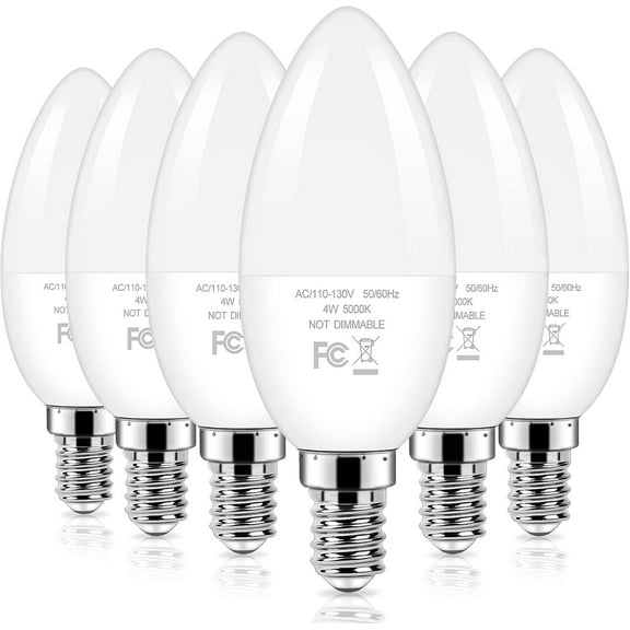 Candelabra 40W Equivalent LED Light Bulbs, 4W Candle Light Bulbs with Small E12 Base, Daylight White 5000K Ceiling Fan Lightbulbs, Type B Bulb for Wall Sconces, Non-Dimmable, Pack of 6