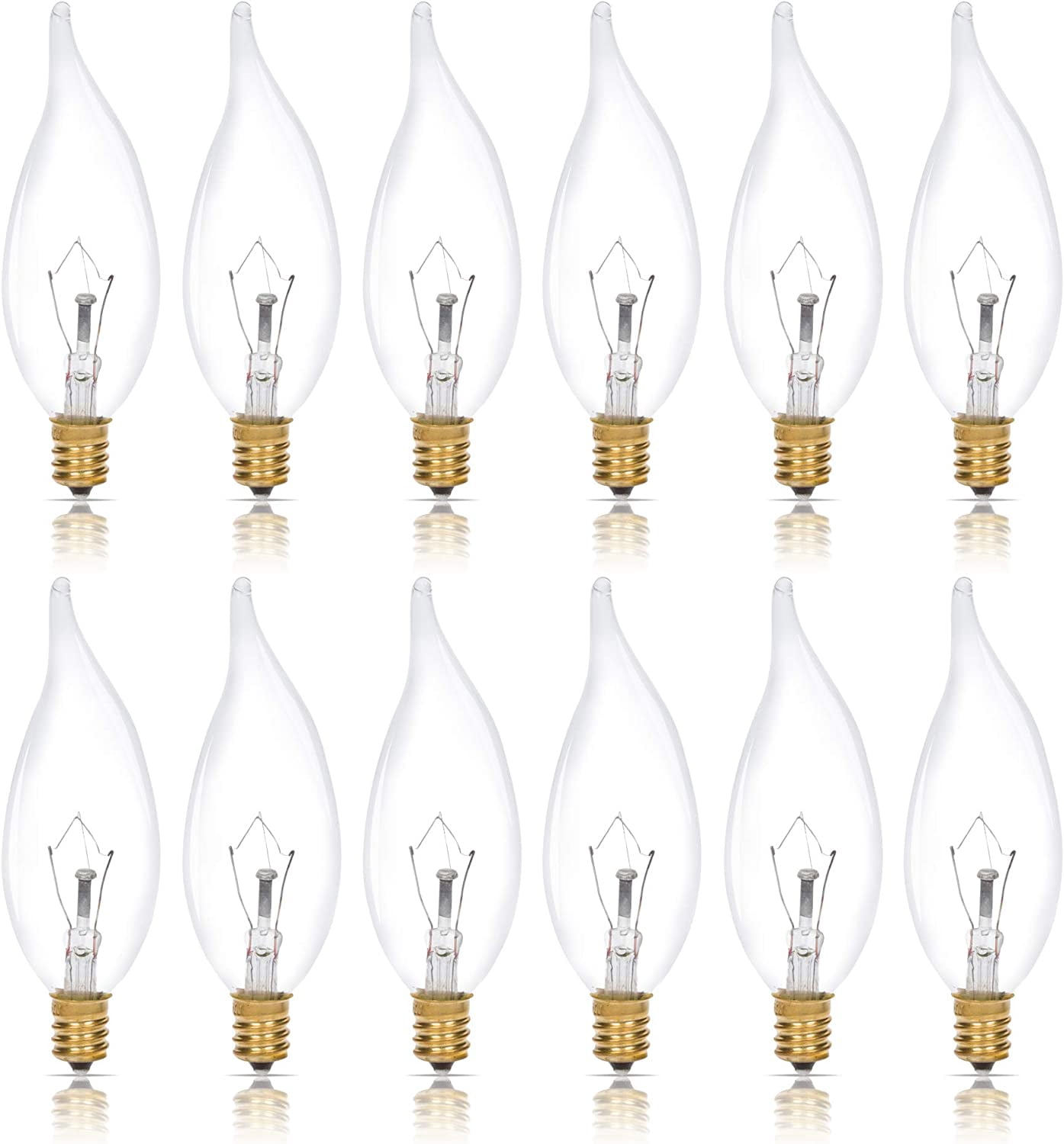 Candelabra Flame Tip Clear CA10 40W E12 Base (12 Pack) Decorative Incandescent Light Bulbs 120V for Chandeliers, Ceiling Fan Lights, Pendants, Wall Sconces, Dimmable, Warm White 2700K