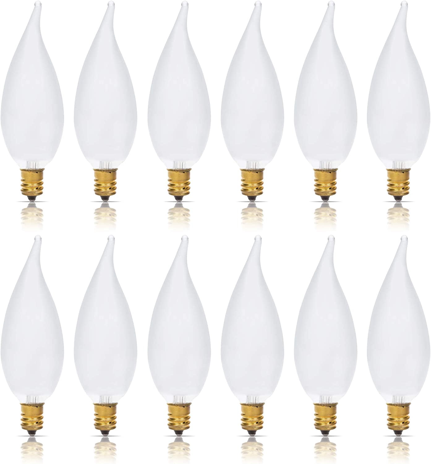Candelabra Flame Tip Frosted CA10 25W E12 Base (12 Pack) Decorative Incandescent Light Bulbs 120V for Chandeliers, Ceiling Fan Lights, Pendants, Wall Sconces, Dimmable, Warm White 2700K