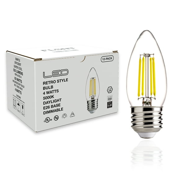 Candelabra LED 12-Pack, Dimmable, 60W Eqv, B11, E26 Lamp Base Chandelier Light Bulbs, FLSNT