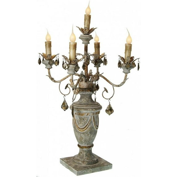 Candelabra Lamp Table Distressed Blue White/Cream Wood Hiroshi Carved