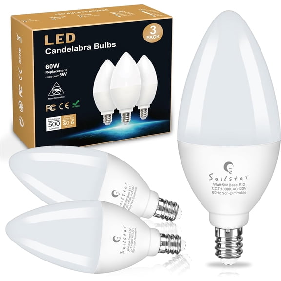 Candelabra Light Bulbs 60 Watt Equivalent, 4000K Natural Daylight, 5W E12 Small Base Type B LED Bulbs, 500 Lumens, Chandelier Ceiling Fan Light Bulbs, CRI 85, Non-dimmable, Pack of 3