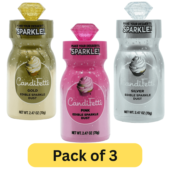 CandiFetti Pink, Gold, and Silver Edible Sparkle Dust Dessert Decoration, Collectible Lid