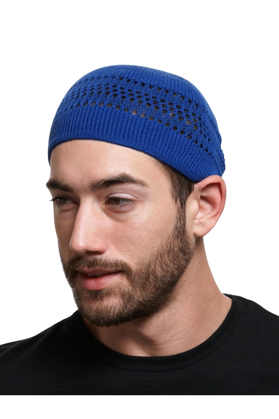 Candid Signature Cotton Kufi Beanie Lattice Weave Hats for Adult Men and Women's, Blue