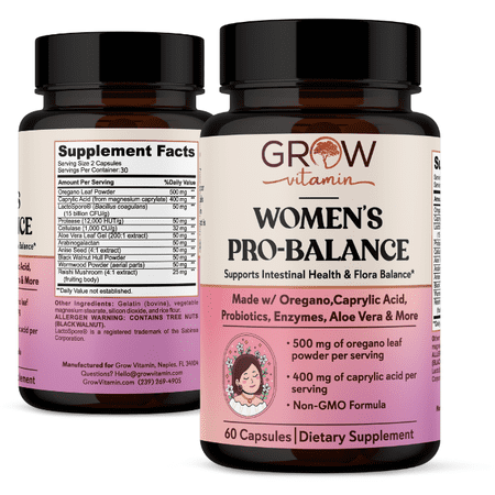 Grow Vitamin Women Pro-Balance Candida Complex with Oregano & Caprylic Acid - Detox & Cleanse Probiotics for Women, 60 Capsules