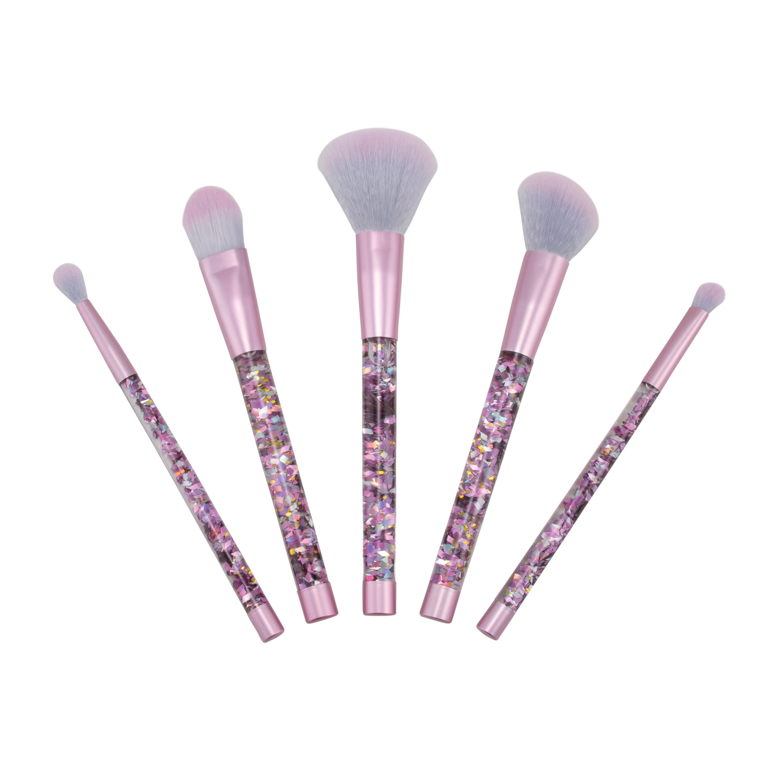 Candie Couture Brand 5 Piece Face Makeup Brush Set for Face and Eyes. Pink  Glitter Design. 
