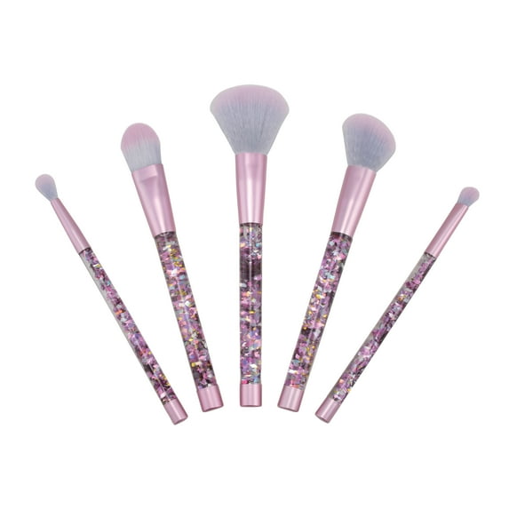 Candie Couture Brand 5 Piece Face Makeup Brush Set for Face and Eyes. Pink Glitter Design.