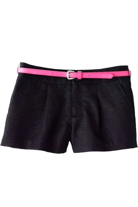 Big Girls Black Shimmer Pleated Shorts with Hot Pink Belt (Medium 12)