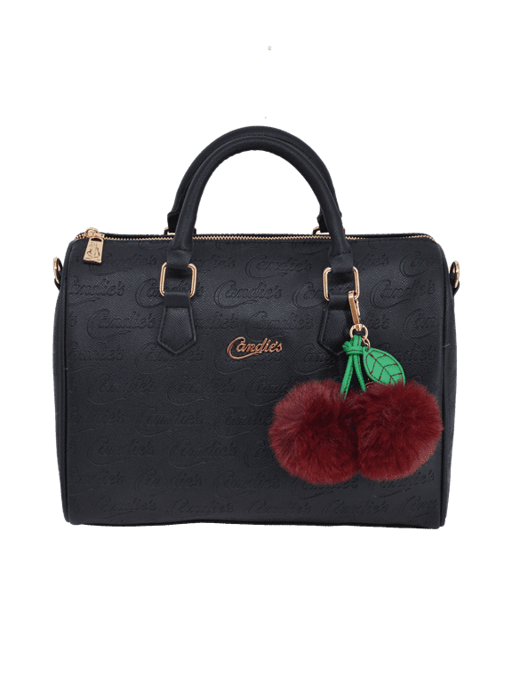 Women's Faux Leather Embossed Logo Speedy Handbag with Decorative Charm, Removable Strap, Black