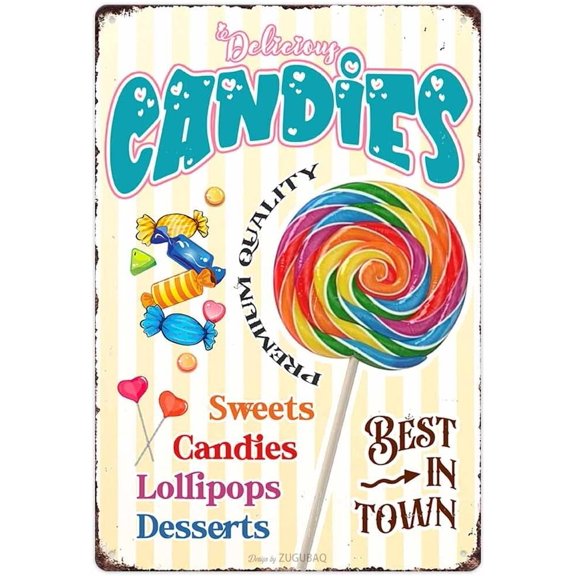 Candies Tin Sign Vintage Wall Decor, Sweets Candies Lollipops Desserts Store Retro Poster Metal Signs, 8X12 Inch Art Painting Plaque Decorations For Candy Shop Home Kitchen Cafe