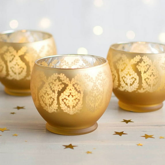 Candle Accessories Damask Glass Candle Holder 4.25 in. dia x 3.75 in Frosted Gold 6 Pk