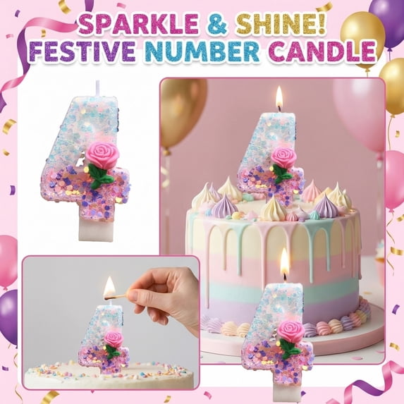 Candle Birthday, Number 4 Shape, Pink Rose Accent, Iridescent Glitter, Birthday Decorations Pink, 4Th Birthday Cake Topper, Pink Party Decor, 3 In, 1 Pc