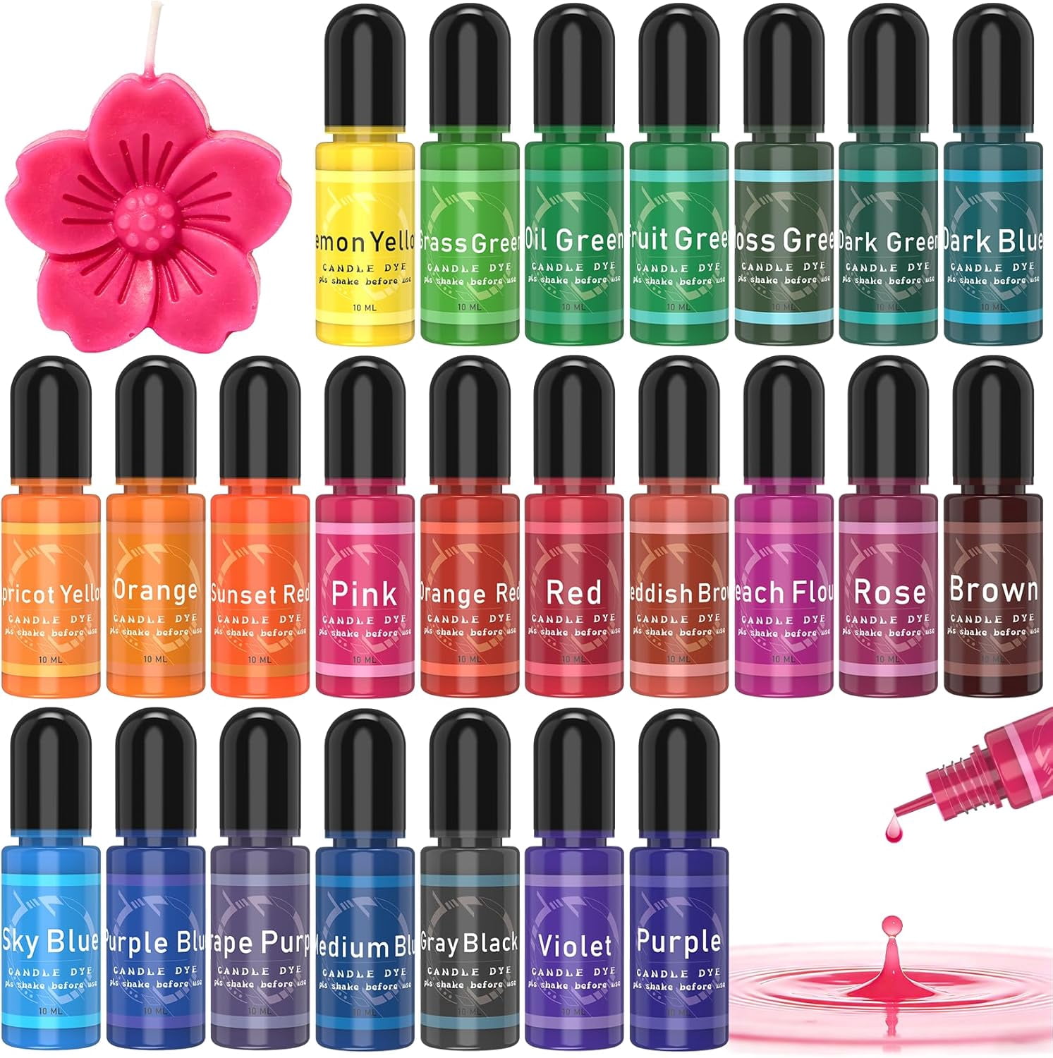 Candle Dye - 24 Colors Liquid Making for DIY candle making supplies Kit Food Grade Ingredients Oil-Based Coloring Soy Wax Dyes Beeswax Gel Wax Paraffin Each 0.35oz/10ml