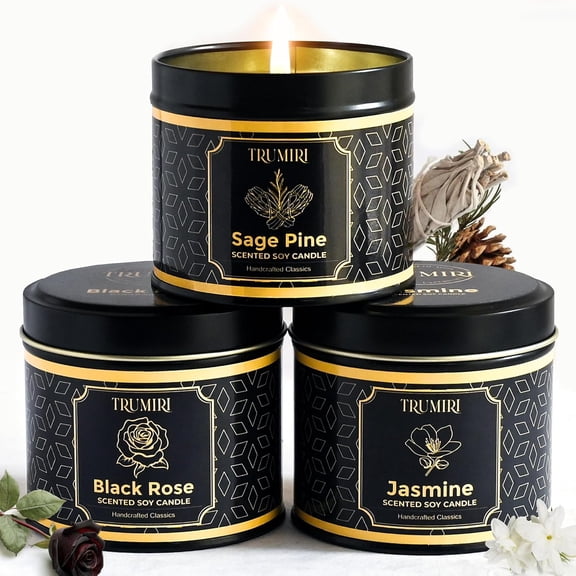 Candle Gift Set of 3 Sage Pine|Jasmine|Black Rose Strong Scented Soy Candels Natural Non Toxic Velas Aromáticas Favors for Women Coworkers Friends Guests Also for Fall Diwali Christmas Holidays