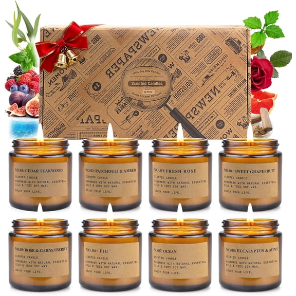 Candle Gift Set for Women  8 Pack Scented Candles for Home,Long Lasting Soy Wax Amber Jar Candles, Aromatherapy Candle Set,Perfect Holiday Gifts