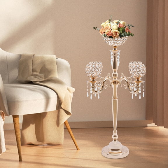 Candle Holder, 4+1 Tiered Crystal Bead & Iron Flower Stand Candelabra, Electroplated Table Centerpiece for Wedding, Dining Room