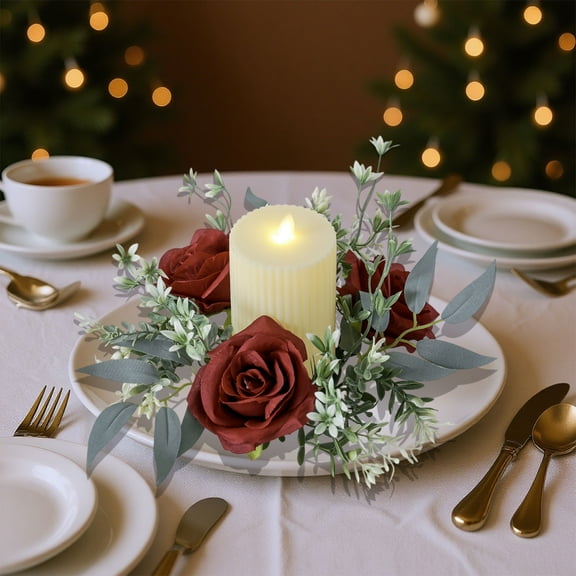 Candle Holder Artificial Valentine'S Day Rose Candle Holders Wreath Wedding Decorations Artificial Floral Centerpiece Candle Holders For Table Centerpiece Modern Candle Holder