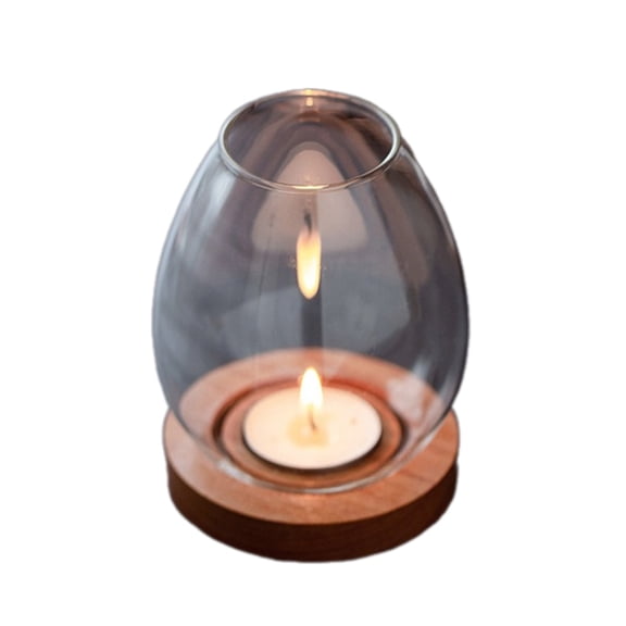 Candle Holder Clear Glass Cover with Wood Base Oil Lamp Shade Chinese Home Decors