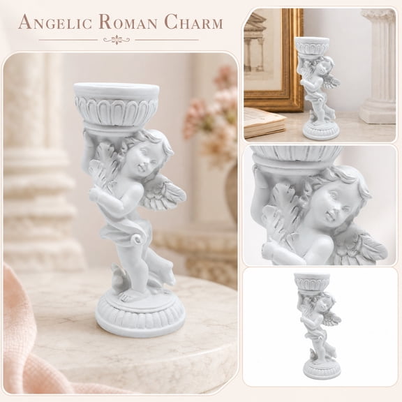 Candle Holder Decor, Angel Figurine, Sculptures Home Decor, Tabletop Decor, 6X3 Inch White Right Winged Cherub Resin Roman Column Statue for Mantel, Dining Room, and Party Display