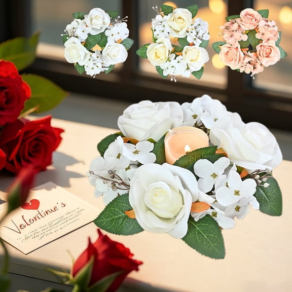Candle Holder Decor, Rose Embroidery Ball Flower Candle Table Flower Wreath Bedroom Decoration Simulated Rose Decoration Flower Wreath Ambiance Candle Wreath Under $10 Valentines's Day Candle Holder