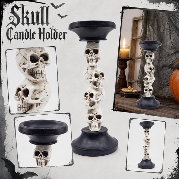 Candle Holder Decor, Tall Candle Holder with Stacked Halloween Skeleton Design, Spooky Home Decor, Table Decorations for Party, 10X4 in Resin Pillar Candle Holder, Gothic Home
