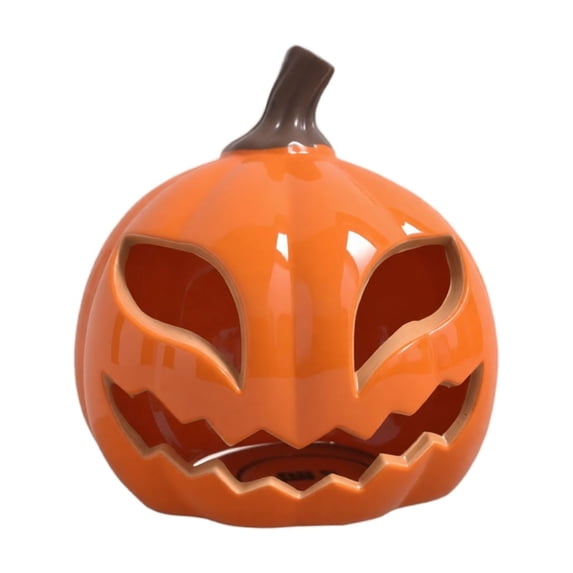 Candle Holder Glossy Ceramic Orange Jack O Lantern 2.1 Inch Tabletop Pumpkin Decor for Halloween Party Indoor Home Mantel Display
