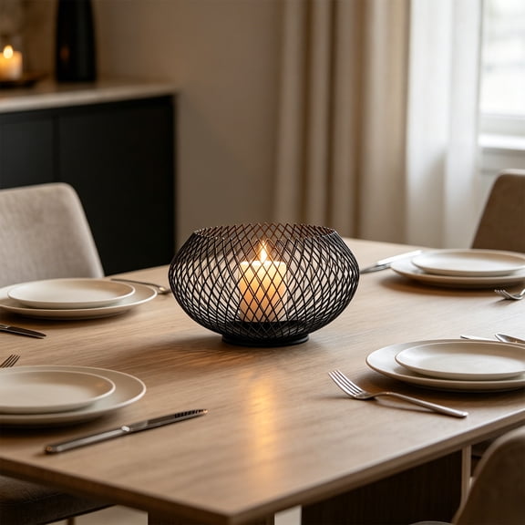 Candle Holder, Lantern Decor, Wrought Iron Mesh Style With Stable Round Base, 4.53 x 2.36 in Tabletop Home Accent