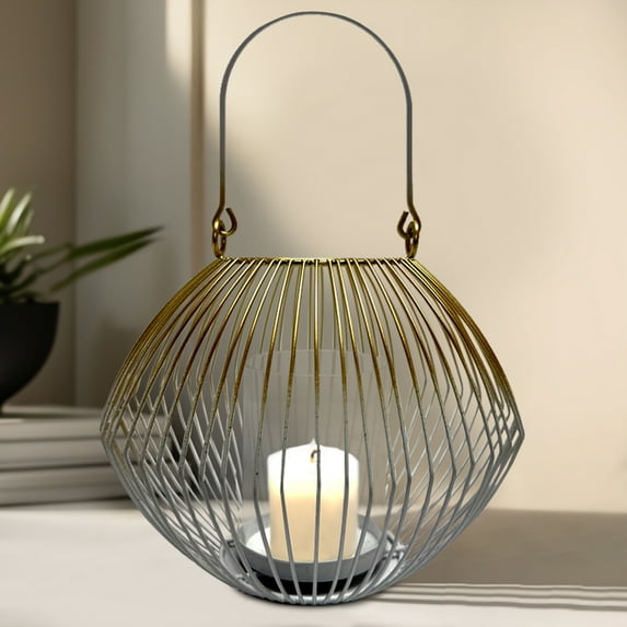 Lantern with Gold Finish and Glass Candle Holder Decorative Lantern Metal Carry Handle Hanging Lantern use with Tea Lights or Votives 7.09 x 7.09 x 6.50 inches
