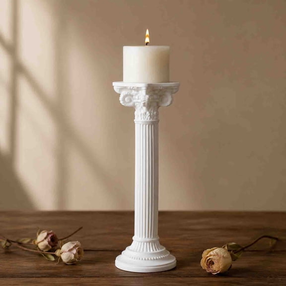 Candle Holder,Resin Roman Pillar Candlestick Fluted Classical Carved Pedestal,Multi Height Display Prop For Wedding Classroom Photoshoot Dining Table Decor(White)