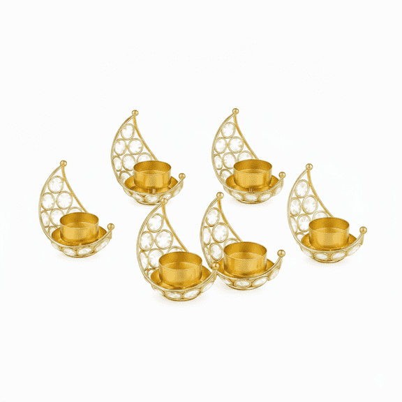 Indian store01 Set of 6 Crystal Gold Moon Tealight Candle Holders (5-inch) - Ramadan & Eid Mubarak Decor, Indian Wedding Return Gifts, Diwali Lanterns