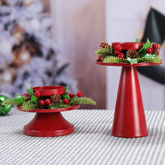 Candle Holder Set of 2, Christmas Wreath Candelabra, with Artificial Pinecones, Pine Leaves and Berries, Christmas Decorations Indoor Home Decor, Fits Up to 2.3'' Pillar Taper Candles