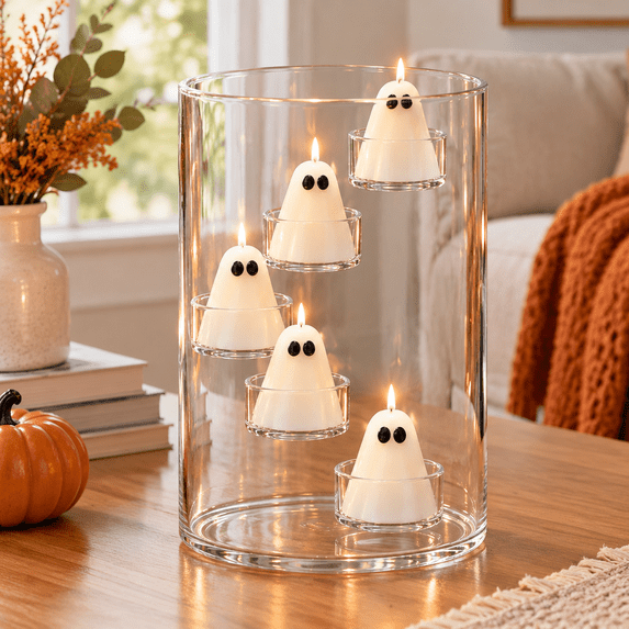 Candle Holder Set with White Ghost Candles, 10.04 x 7.68 x 7.68 Inches ...