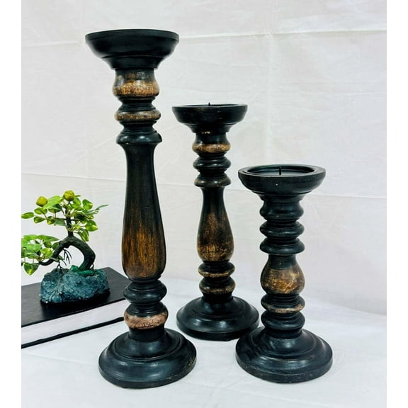 Candle Holder Stand Wooden, Candalbras, Candle Holders, Unity Candle Holders, Rounded Turned Colums, Country Style Idle Gift for Wedding, Party, Home, Spa - 15,12,9 Inch Set of 3 Black