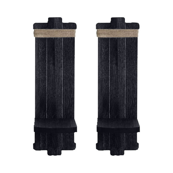 Candle Holder Wall Sconce, Black Farmhouse Wooden 2 Pack Set with Floating Shelf, Complete Mounting Hardware Included, Rustic Wall Decor for Fireplace Living Room Dining Entryway Home Accent Display