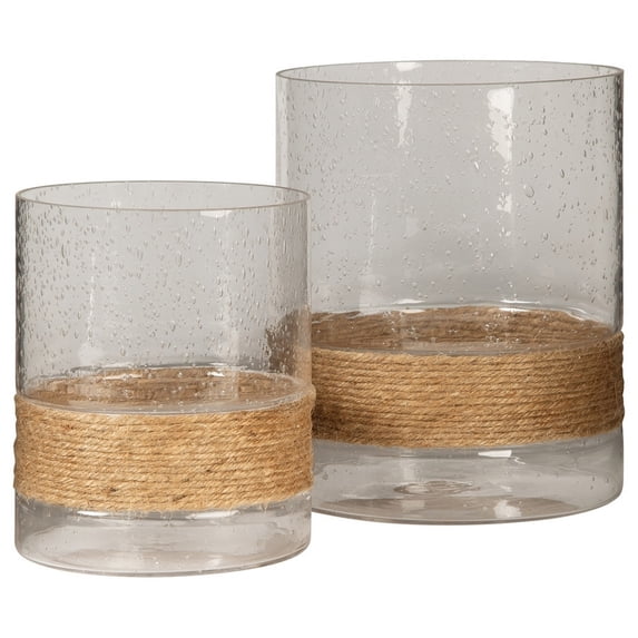 Candle Holder with Seeded Glass Hurricane and Rope Set of 2 Clear