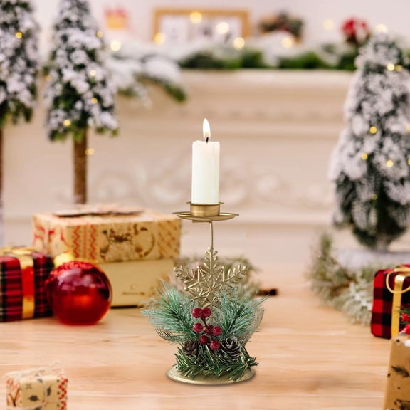 Candle Holders Christmas Decor, Golden Iron Metal Christmas Centerpieces For Tables, Festive Ornaments with Red Berry Decoration (1PC, A)