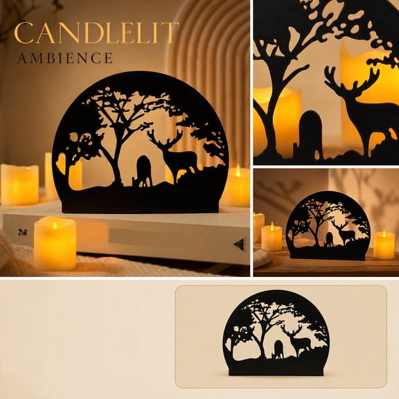 Candle Holders for Home Decor, Rustic Farmhouse Decor, Deer Decor, Woodland Decor, Metal Reindeer Silhouette Iron Candle Holder Figurine, 10X7 Inch Freestanding Tabletop Accent