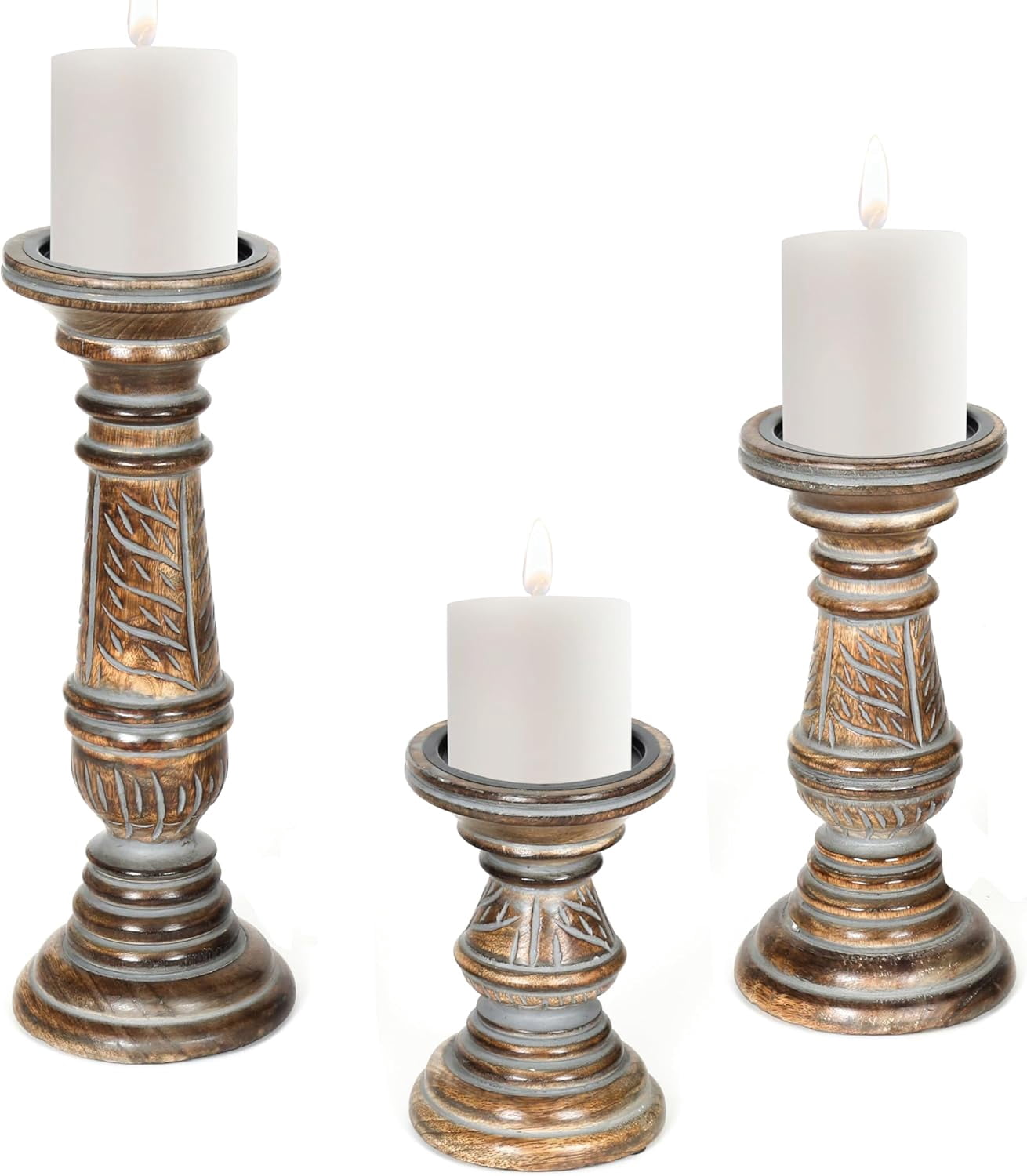 Candle Holders for Pillar Candles (Grey Wash, Set of 3) - Mangowood ...
