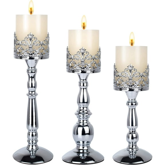 Candle Holders for Pillar Candles Set of 3 Silver Vintage Tall Candle Holders Decorative Large Table Centerpieces Candle Stand Decor