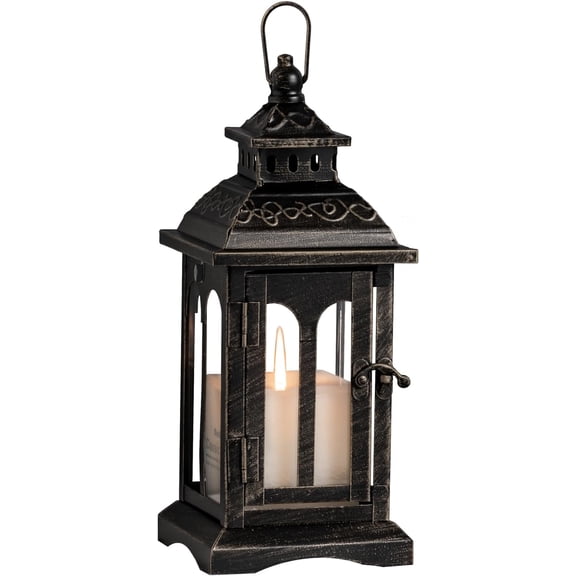 Candle Lantern Decorative Indoor & Outdoor, Christmas Vintage Metal Hanging Lanterns Decor for Front Porch Home Patio Wedding Party, Halloween Decorations (Black with Copper Brush)