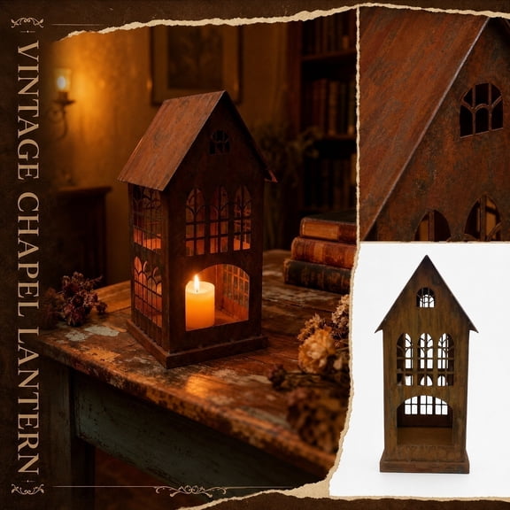 Candle Lantern, Rustic Farmhouse Decor, Church-Style House Shaped Decorative Lantern, Distressed Metal Candle Holder Lantern, 12X6 Inch Weathered Corten Steel Iron Hollow Candle