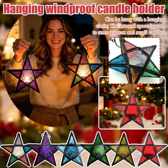 Candle Lantern, Tealight Candle Holder, Star Lantern, Stained Glass Vintage Candle Holder, 8X8 Inch Red Five-Point Star Windproof Candlestick, 1Pc Decorative Tabletop Accent for
