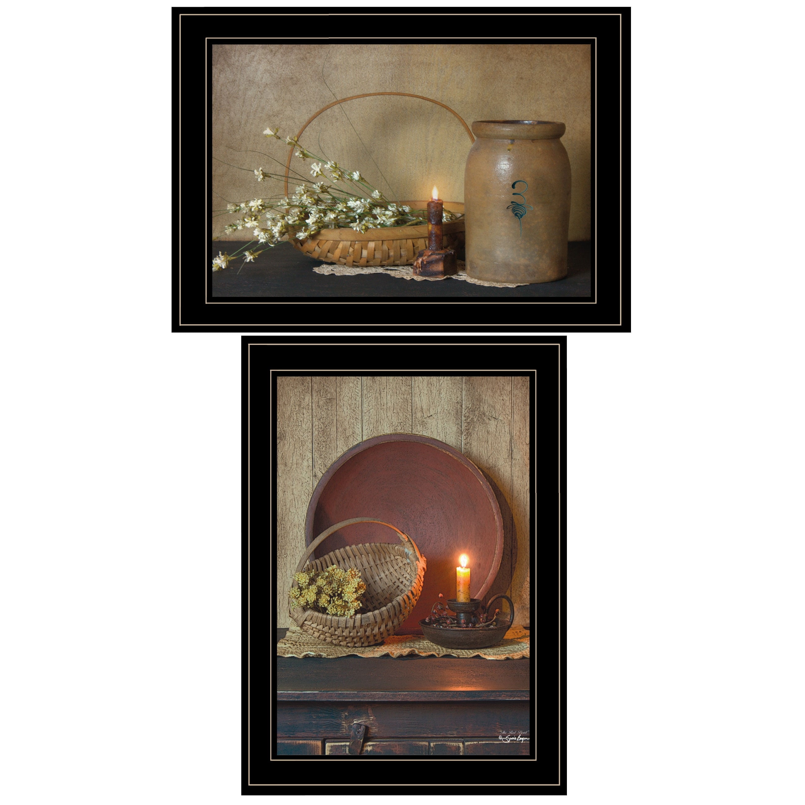 Primitive Still Life Candle Light and Flowers Canvas Print Set