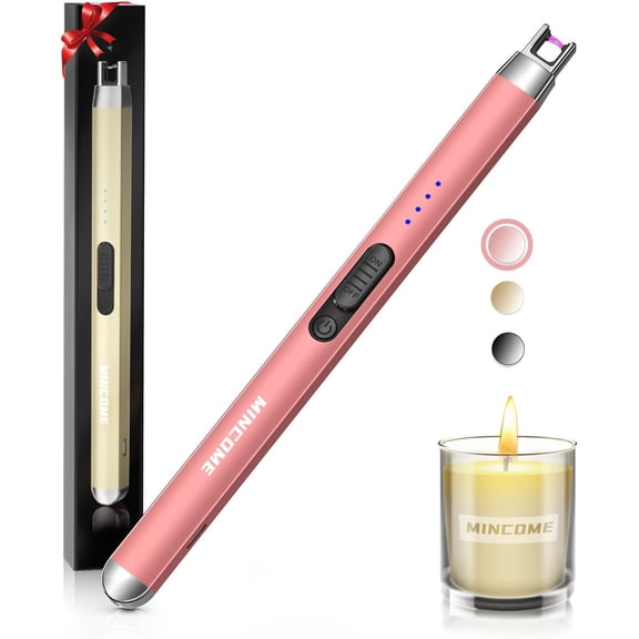 Candle Lighter, Rechargeable USB Long Lighters, Windproof Flameless Lighte with LED Power Display Safety Switch, Arc Electric Lighters for Candle Birthday Camping BBQ(Rose Gold)