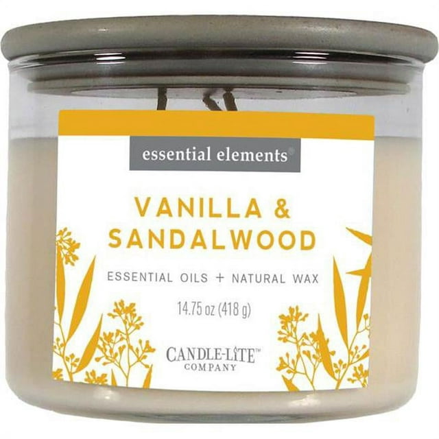 Candle Lite 251069 14.75 oz Vanilla & Sandalwood 3-Wick Jar Candle with Gray Wood Lid