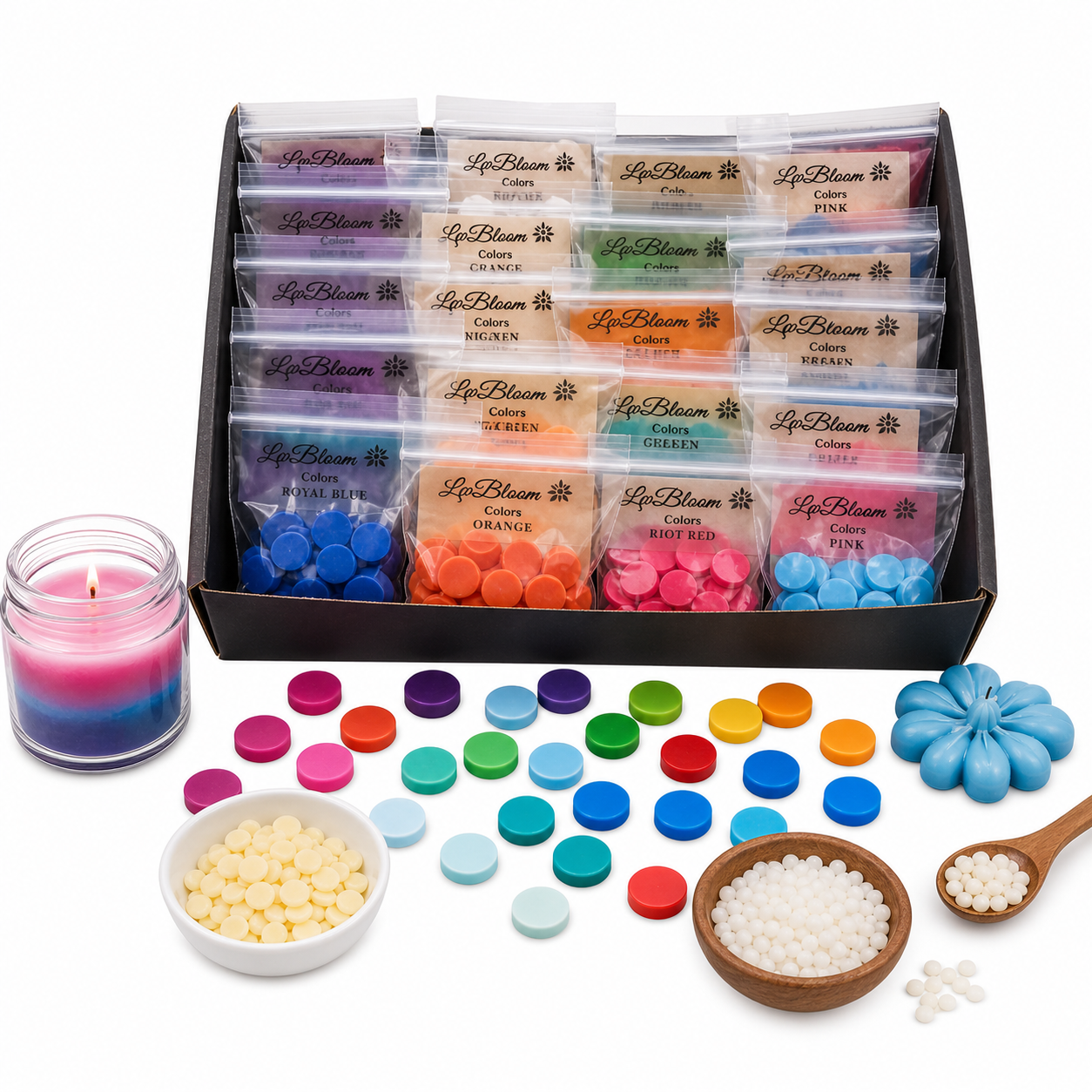 LwBloom Candle Color Dye Chips – 240 Pieces, 24 Vibrant Colors, Candle Making Dye for Soy, Beeswax & Paraffin, Long Lasting Wax Color Chips