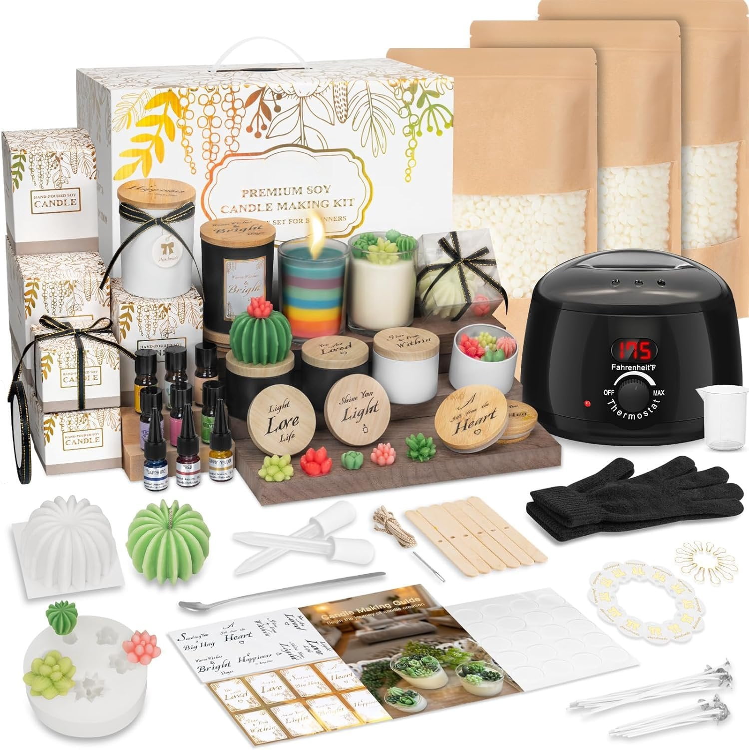 Candle Making Kit for Adults & Beginners - -in- DIY Candle Supplies with 1200g  Soy Wax, Hot Plate, 2 Succulent Molds, 8 Jars &  Boxes |  for  Crafts & Gifting