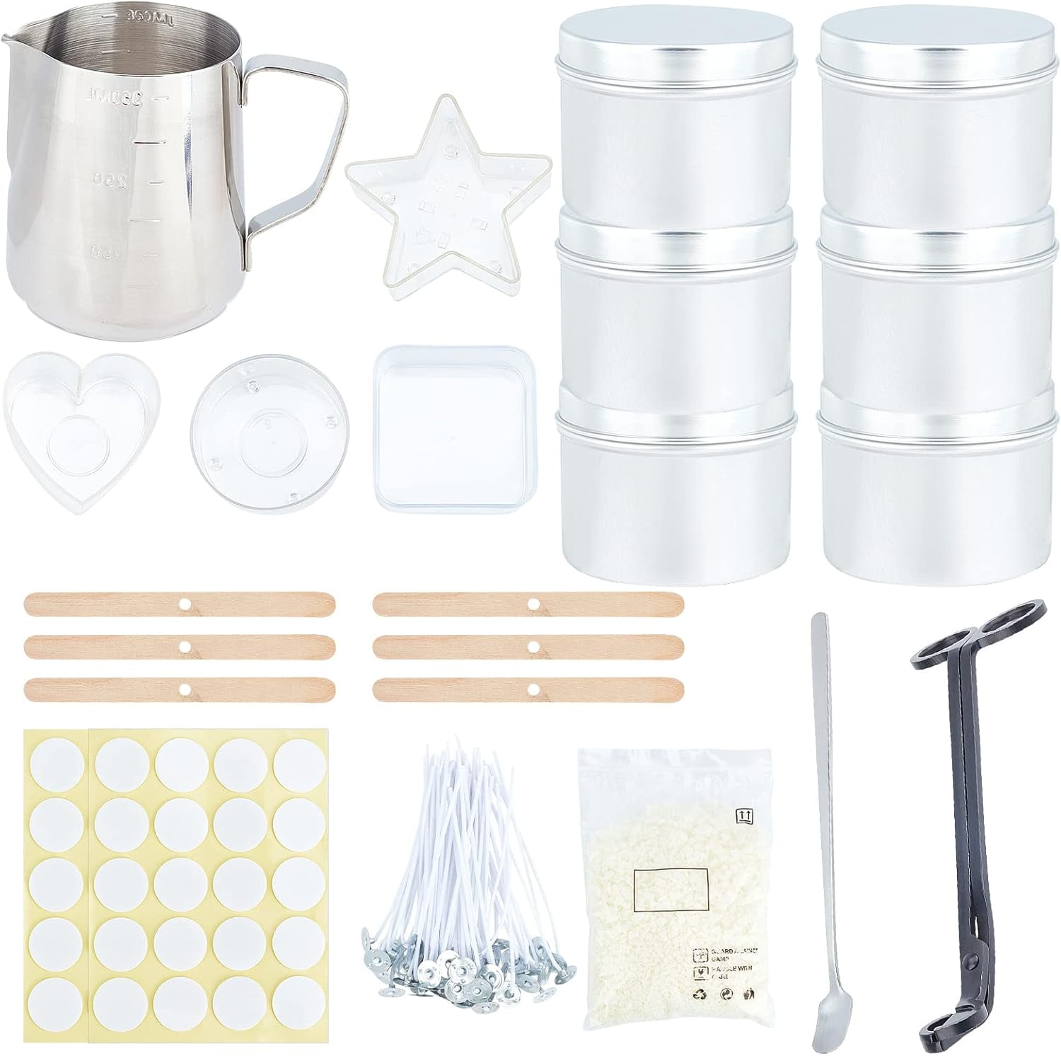 Candle Making Kit Candle Soy Wax Kit Candle Accessory Set Pourong Pot Star Heart Square Round Holder Cup Stickers Tin Scissor Spoons for DIY Wax Candle Making Making DIY