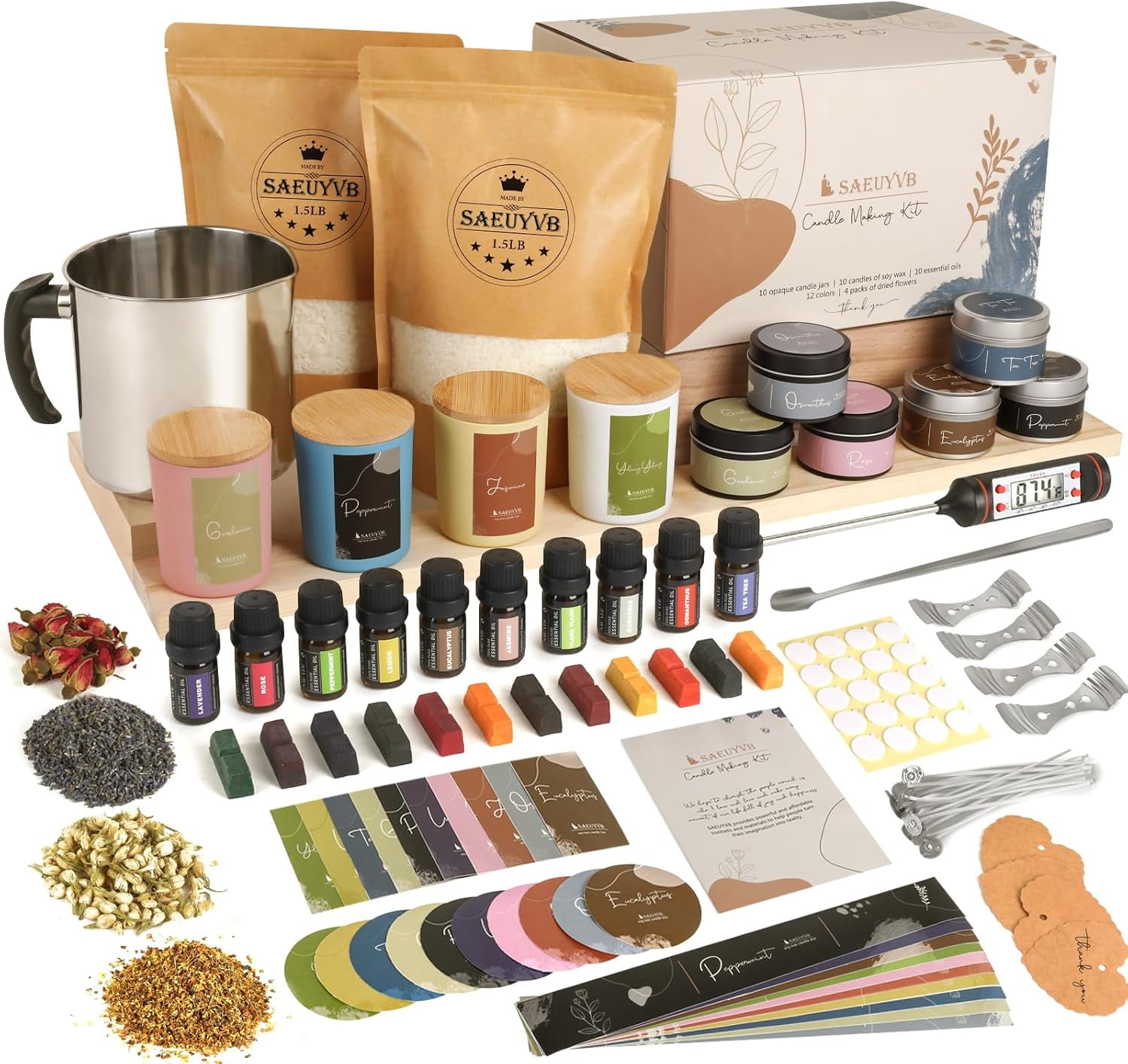 Candle Making Kit - DIY Starter Soy Supplies/Kit Wax 10 Jars & Tins Pleasant Scents Color Dyes More，Perfect for Adults