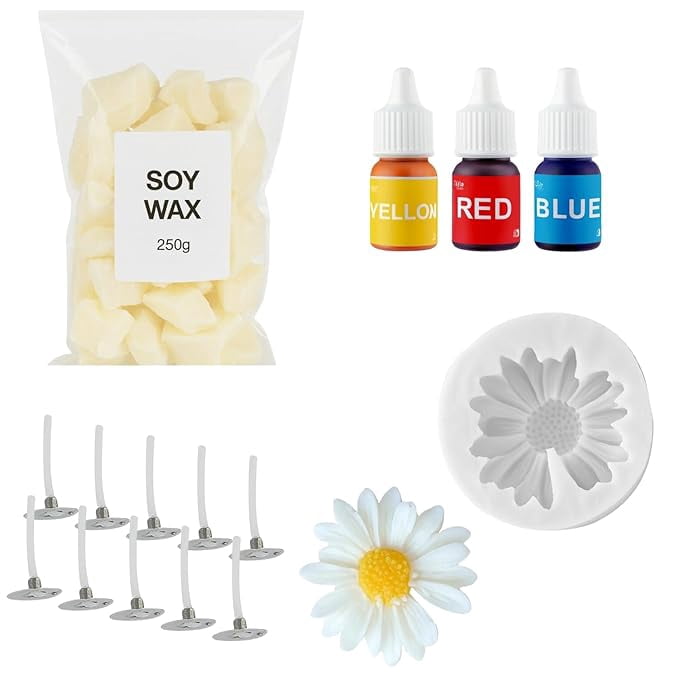 Candle Making Kit | Daisy Flower Candle Molds (6.5×6.5×2 cm) with 250g Soy Wax, 10 Wicks & 3 Pigment Colors | DIY Candle Making Supplies Set